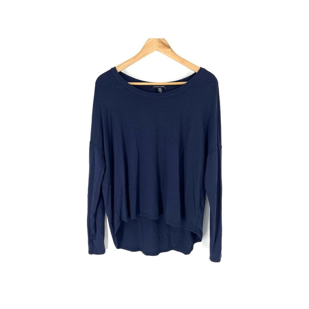 Eileen Fisher Top Size Medium Navy Viscose Jersey Long Sleeve Boxy T Shirt Hi Lo